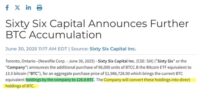 🔥 MỚI NHẤT: 🇨🇦 Sixty Six Capital đã thêm 13.5 $BTC vào tà...
